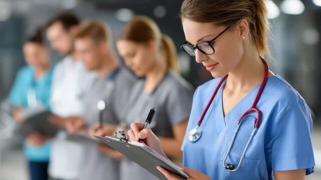Dedicated Healthcare Professionals: A focused female medical professional, wearing a blue scrub suit and stethoscope, diligently takes notes on a clipboard.