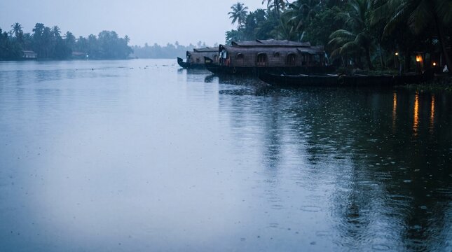 Traditional houseboat moored on the calm backwaters of Kerala, India, during a rainy monsoon day, showcasing the serene and lush tropical landscape
