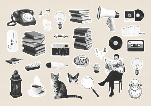 Vintage collage objects collection, retro halftone lifestyle and media set