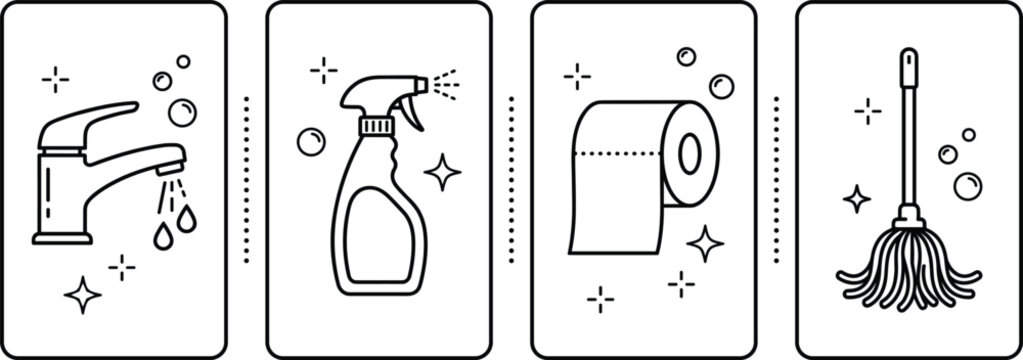 Bathroom Cleaning and Hygiene Line Icon Set with Faucet Spray Paper Towel Mop