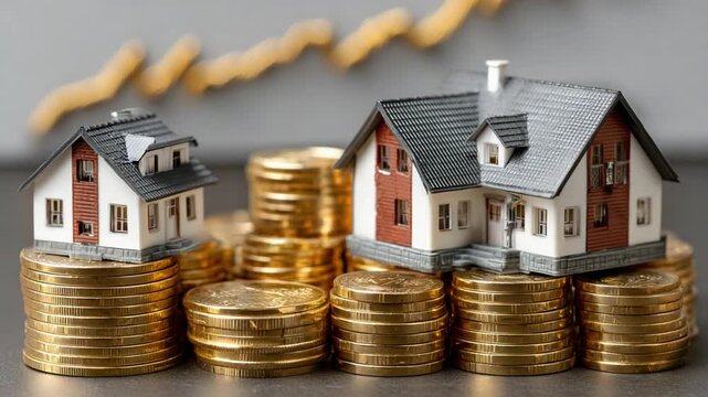 Real Estate Investment Growth: Miniature houses perched atop stacks of gold coins symbolize the rising value and investment potential in the real estate market.