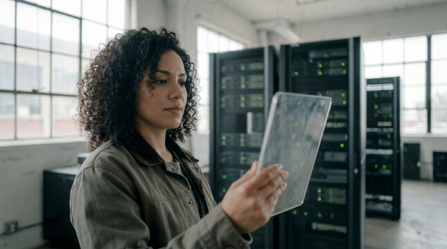 A woman with curly hair inspects a tablet device in front of server racks in a data center, showcasing technology and modern infrastructure.