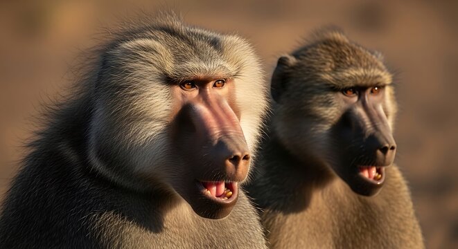 Two baboons with open mouths looking ahead in an African savanna