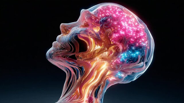 Neural Network in a Human Head: A transparent head profile reveals a vibrant, glowing neural network, representing thought, consciousness, and the intricate workings of the human mind.