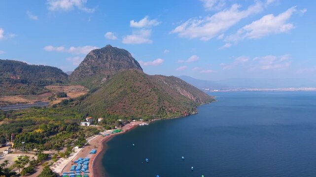 Aerial view of Lu Cong Scenic Area in Fuxian Lake, Yunnan Province