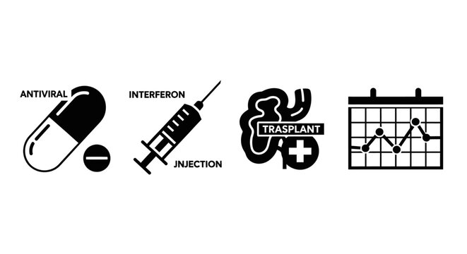 Medical Icons: Antiviral Pill, Interferon Injection, Transplant, Calendar Chart Vector Illustration