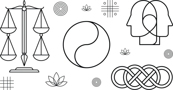 Zodiac Libra and Gemini Line Icon Set with Yin Yang Infinity Knot Symbols