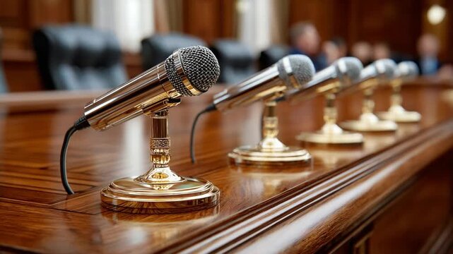 Podium Microphones in Conference Room: A line of microphones stands ready on a polished wooden conference table, awaiting speakers in a formal meeting setting.