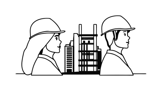 Retro cartoon vector illustration of man and woman business workers on street talking on phone, urban work scene with people, hat-wearing worker, comic drawing art style