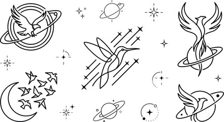 Cosmic Bird Logo Line Icon Set with Phoenix Eagle Hummingbird and Planet Symbols © MstBabli