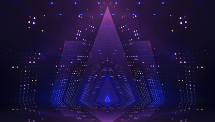 Fototapeta premium Ultraviolet background of empty foggy street with wet asphalt, illuminated by a searchlight, laser beams, smoke