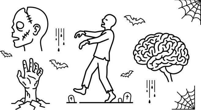 Spooky Zombie and Halloween Line Icon Set with Brain Hand Bat and Cobweb Symbols