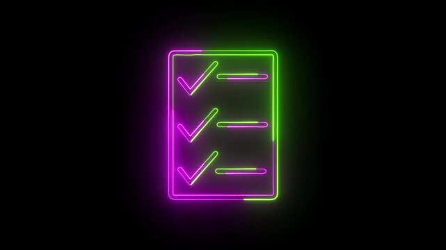 Glowing green and purple neon checklist icon animation on a solid black background representing dual tone task management survey form to do list and business plan