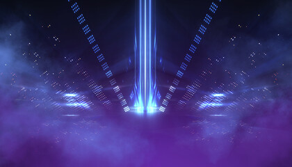 Fototapeta premium Ultraviolet background of empty foggy street with wet asphalt, illuminated by a searchlight, laser beams, smoke