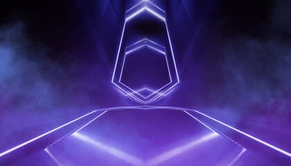 Fototapeta premium Ultraviolet background of empty foggy street with wet asphalt, illuminated by a searchlight, laser beams, smoke