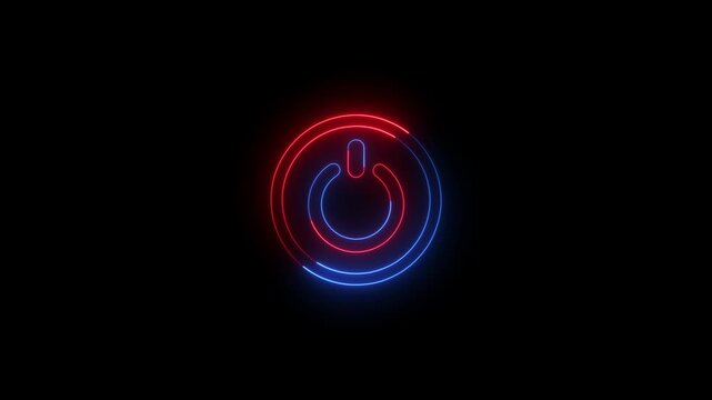 Glowing red and blue neon power button icon animation on a solid black background representing dual tone energy start switch turn on off process and system control