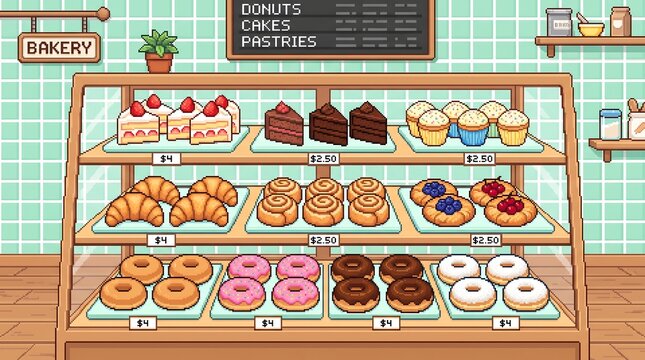 Pixel Art Bakery Display with Donuts, Cakes, Croissants and Pastries