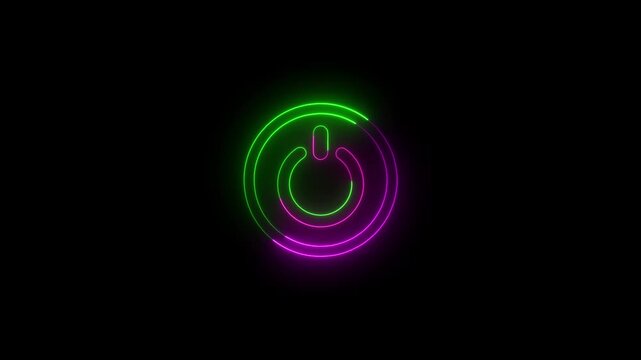 Glowing green and purple neon power button icon animation on a solid black background representing dual tone energy start switch turn on off process and system control