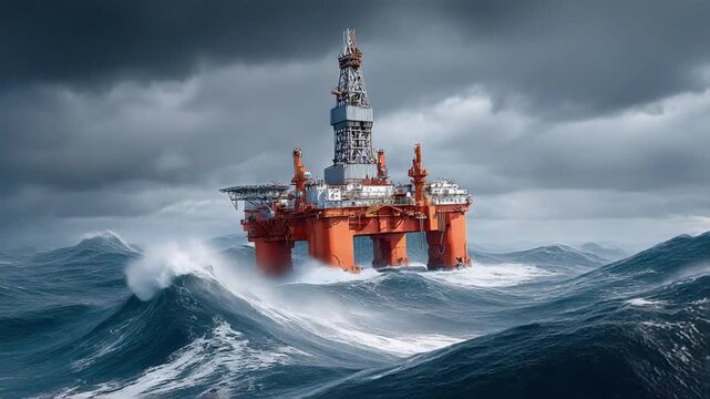Offshore Drilling Rig in Stormy Seas: A massive offshore oil drilling rig stands firm amidst towering waves and a dark, tempestuous sky, showcasing the power of industry against the forces of nature.