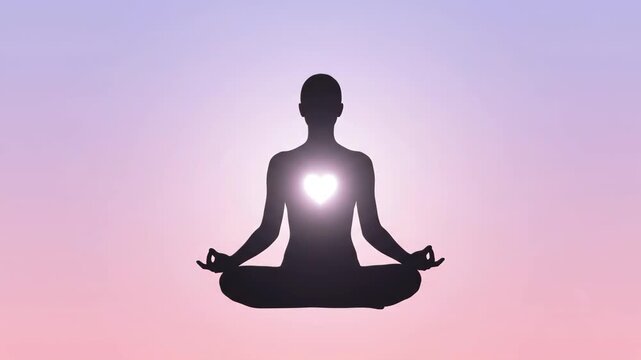 Meditating silhouette with glowing heart light at sunset