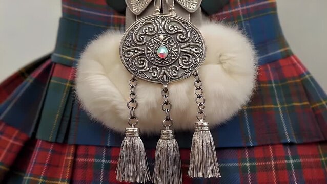 Detailed close-up shot of a classic Highland dress sporran featuring intricate Celtic metalwork and long silver tassels displayed upon a patterned tartan kilt fabric