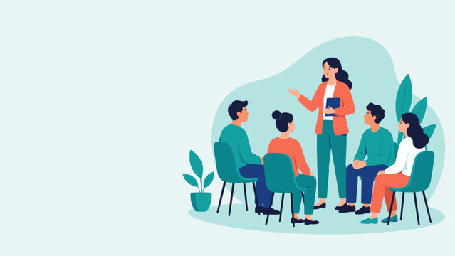 Group discussion with seated people and standing presenter