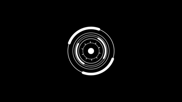 Graphic white circle display features a glowing central core surrounded by rotating orbital segments that mimic futuristic interface elements designed for modern digital communication and system.