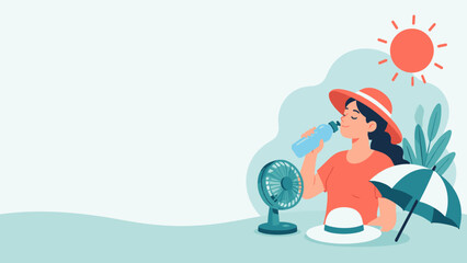 Obraz premium Woman drinking water under sun with fan and summer accessories