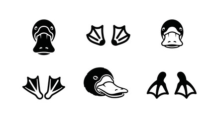 Obraz premium Set of Vector Duck Icons Featuring Heads and Webbed Feet Silhouettes for Graphic Design