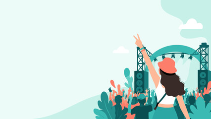 Fototapeta na wymiar Woman facing concert stage with crowd in flat vector style