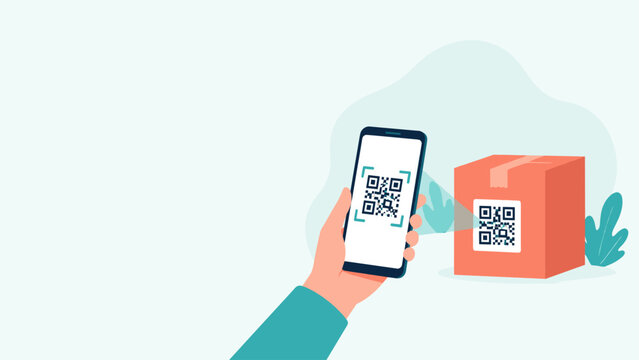 Smartphone scanning QR code on package box illustration