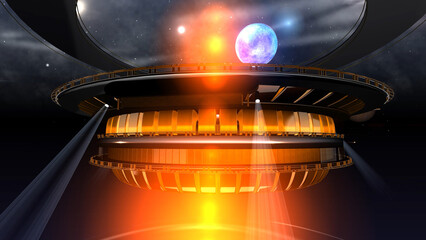 Futuristic space station orbiting celestial body in galaxy © vitanovski
