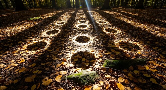 Sunlight casting circular light patterns on forest floor covered in autumn leaves