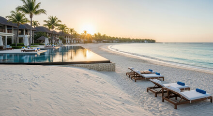 Fototapeta premium Luxury beachfront hotel booking concept for premium resorts