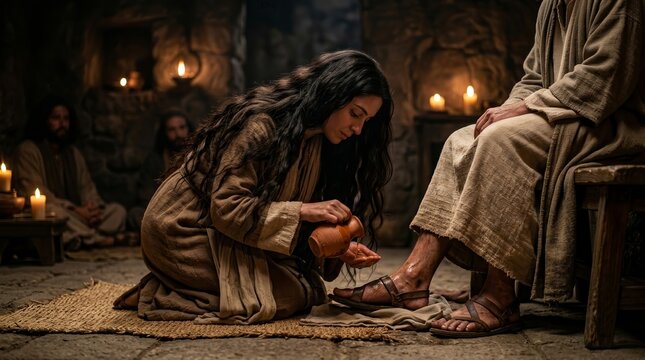 Mary Magdalene washing the feet of Jesus and pouring holy oil in a candlelit ancient room.
