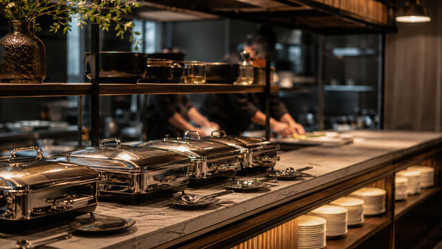 Elegant buffet setup in modern restaurant featuring polished metal chafing dishes and stylish structure that enhances dining experience