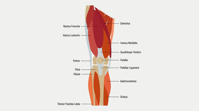 Anatomical illustration of human knee muscles and tendons.