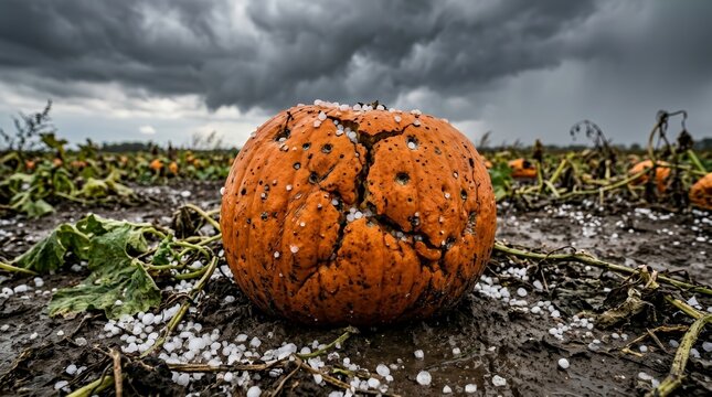 Large orange pumpkin severely damaged by hail in a muddy field under a stormy sky.