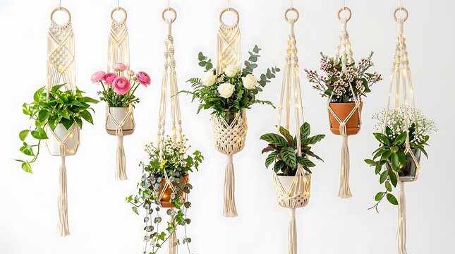 Collection of decorative macrame plant hangers holding various potted plants and flowers