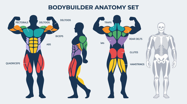 Human body muscles anatomy illustration set.
