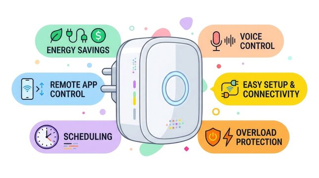Smart plug functionality featuring energy savings, voice control, and scheduling for easy home automation design