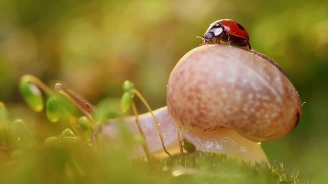 A ladybug and a small snail are moving together on vibrant green moss during a beautiful sunny morning in a forest closeup footage.