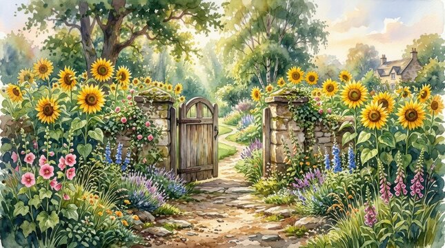 Watercolor illustration of a charming garden gate with sunflowers