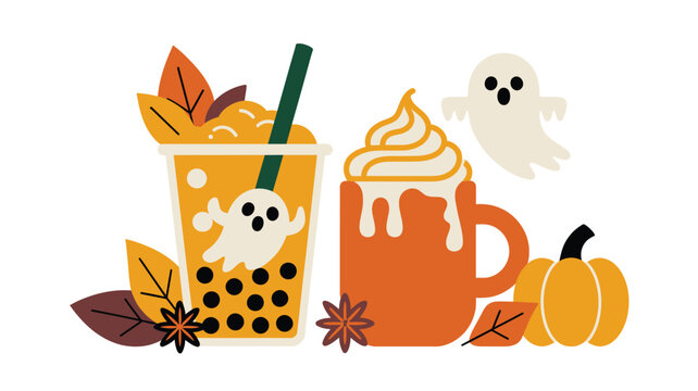 Festive Halloween drinks with a ghost, pumpkin, autumn leaves, and star anise spices