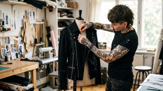 A tattooed fashion designer fine-tuning a black leather jacket on a dress form inside a cluttered sewing studio, with pattern paper, fabric rolls, shelves