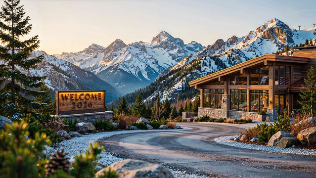 Welcome 2028 mountain resort entrance with scenic alpine landscape and luxury lodge architecture