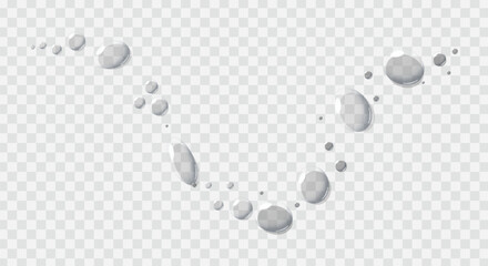Realistic clear liquid water drops falling down in a smooth curve wave line arrangement over transparent grid background banner © MdHamidul
