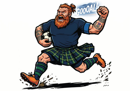 Scottish Football Player Character in Traditional Tartan Kilt Celebrating Goal