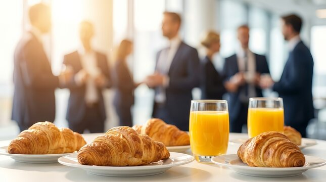 Fresh croissants and glasses of mango and multifruit juice for corporate event catering.