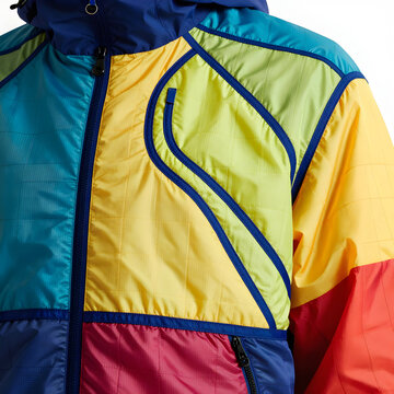 Extreme macro of upcycled paraglider-silk fabric, highlighting the ultra-lightweight ripstop grid weave and thick contrasting utility stitching.